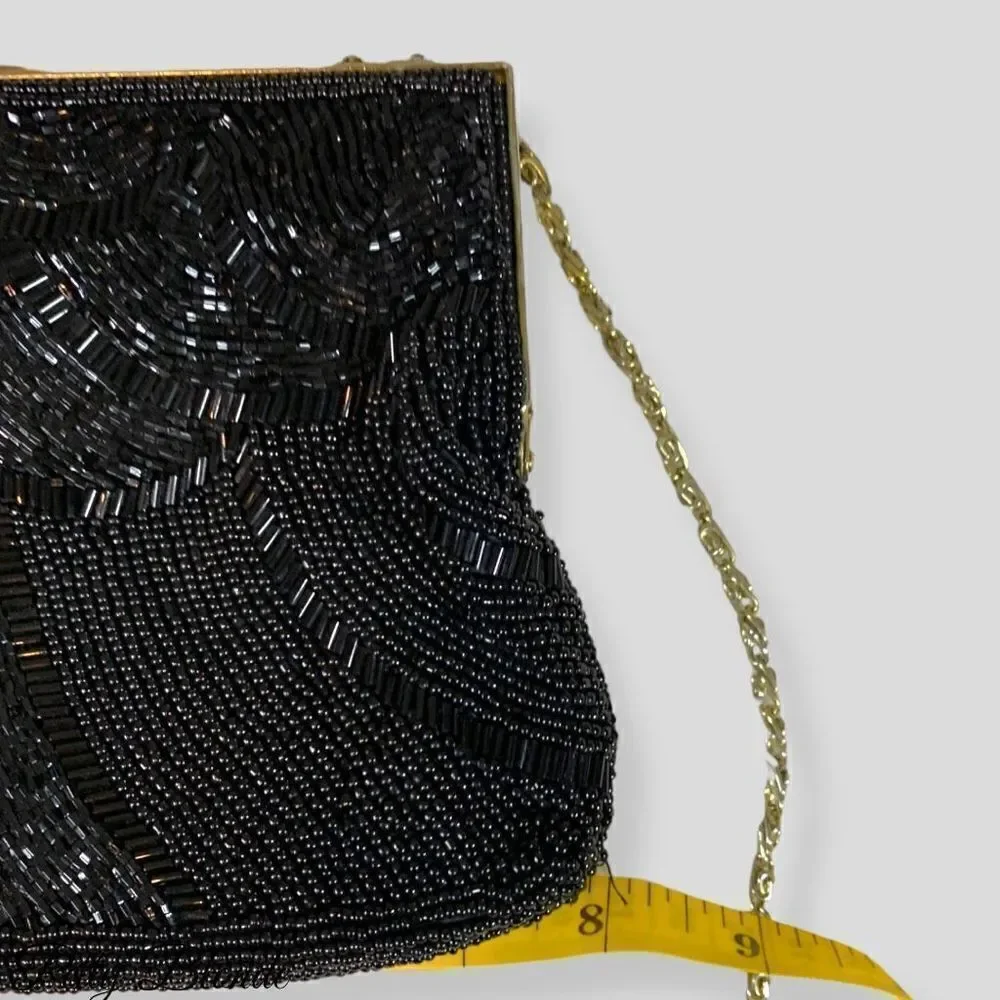 Elegant Black Beaded Clutch: Stunning Beadwork,‎ Dainty Strap, & Bronze Hardware